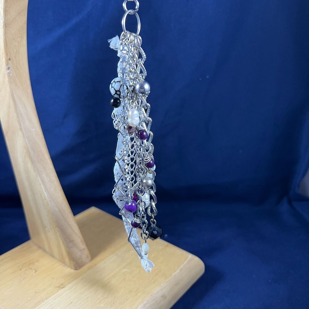 Handcrafted Silver & Beaded Tassel Bag Charm With Purple & Blue Accents - Picture 2 of 3